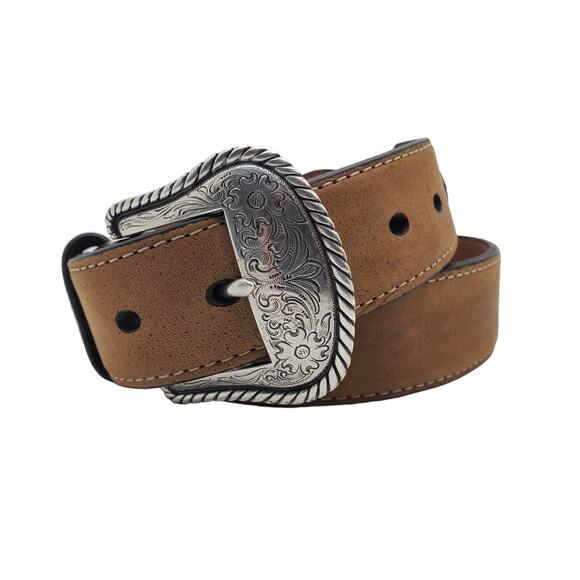 Nocona Tan Brown Leather Western Belt Braided Concho Silver Tooled Buckle Sz 26 - Picture 10 of 12